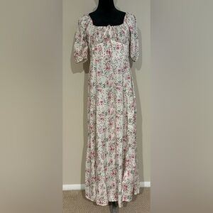 EUC Women's White and Pink Bohemian Floral Print Puff Sleeve Dress Size Medium